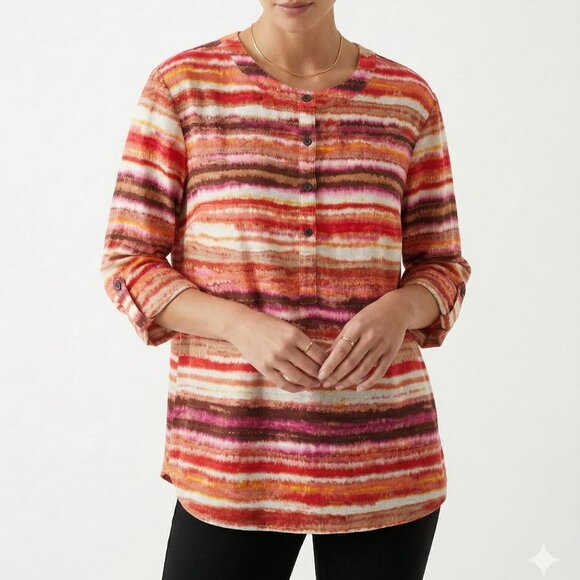 Jones New York Blouse Stripes Linen Pink Festival Summer Beach L - Picture 10 of 10